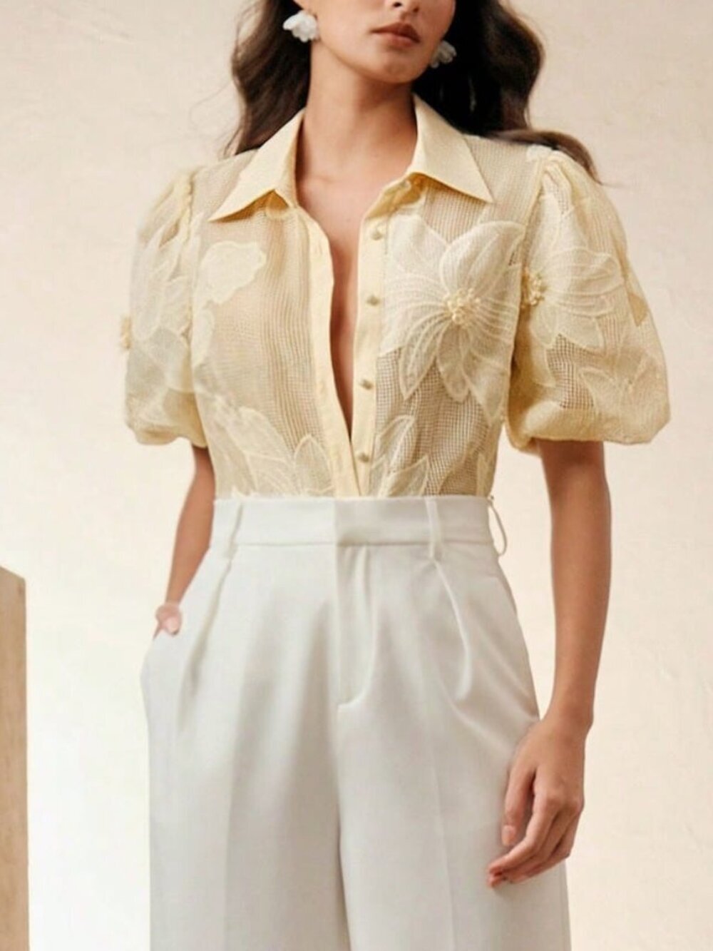 Yellow Casual Women's Hollow-Out Sexy Short Sleeve Blouse